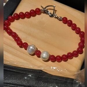 Genuine Red Jade Freshwater Pearls Bracelet Solid Sterling Silver 8" Rhodium